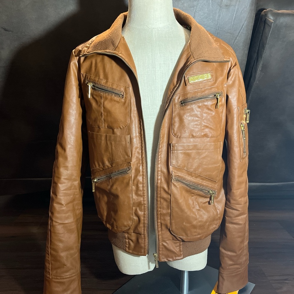 COOGI Brown Bomber Jacket with Zippers and Standing Collar